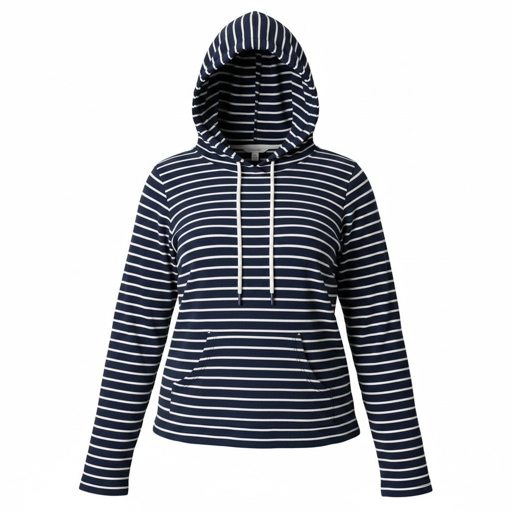 Time And Tru Lightweight Nautical Navy White Stripe Drawstring Hoodie Women Sz L